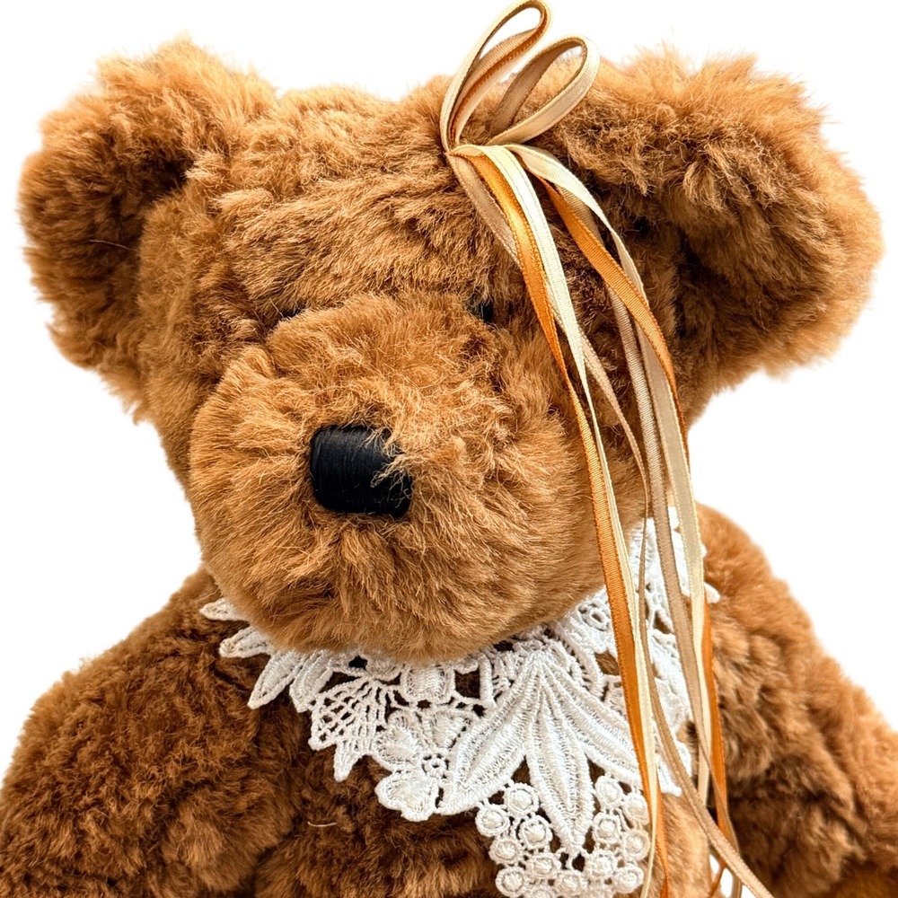 Vintage Teddy Bear Plush Lace Collar Ribbon Brown 15 inch Stuffed Animal Toy